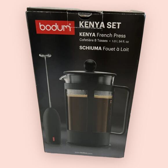 Bodum Kenya Set French Press 8 Cup Coffee Maker & Milk Frother Black Glass 34 oz - Picture 1 of 4
